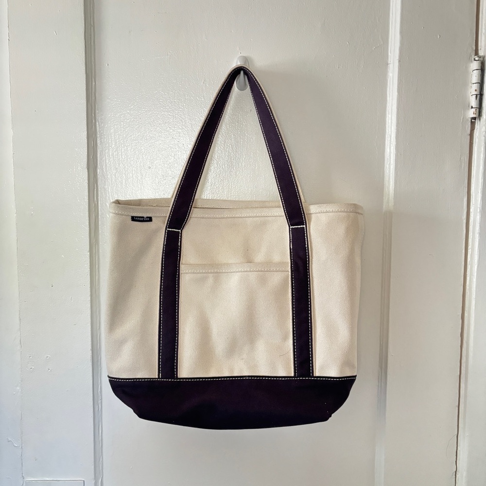 Lands End | Medium white and navy canvas tote w regular handles